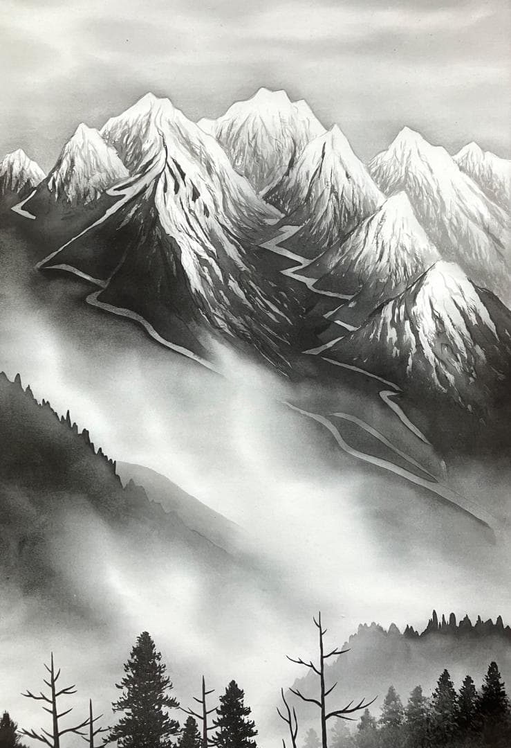 杉原元人「大正池」水墨山水 掛軸 絹本 共箱