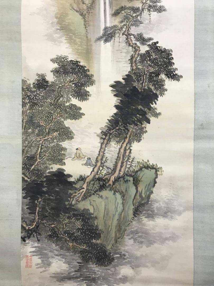真作/河邨虹外/観瀑画賛/山水図/滝山水人物図/掛軸/名家伝来/AE-222