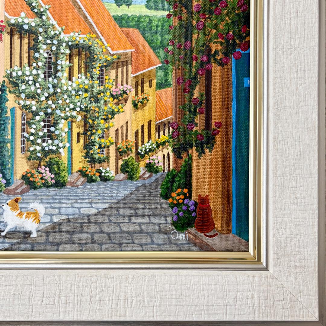 アクリル画　原画　「花の咲く路地14」額縁付き　F6サイズ　風景画