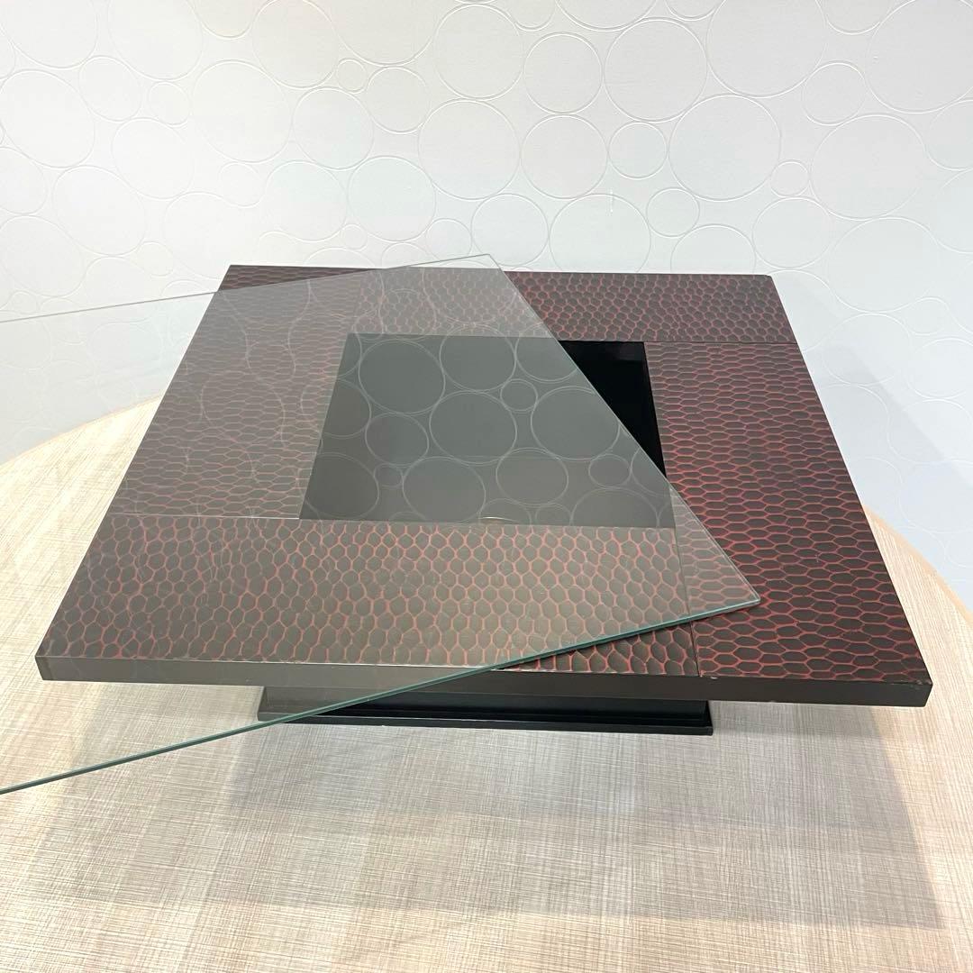 飾り台 漆塗り風 ローテーブル フクロウ装飾 座卓 ガラストップ 和モダン