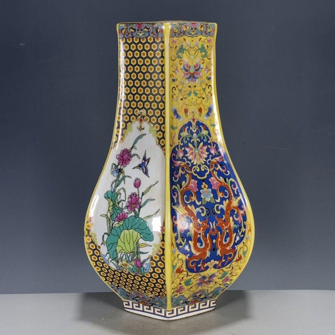 清代雍正彩蒔花鳥多稜花瓶 景徳鎮 陶磁器 装飾品 現代工芸品美術品 置物