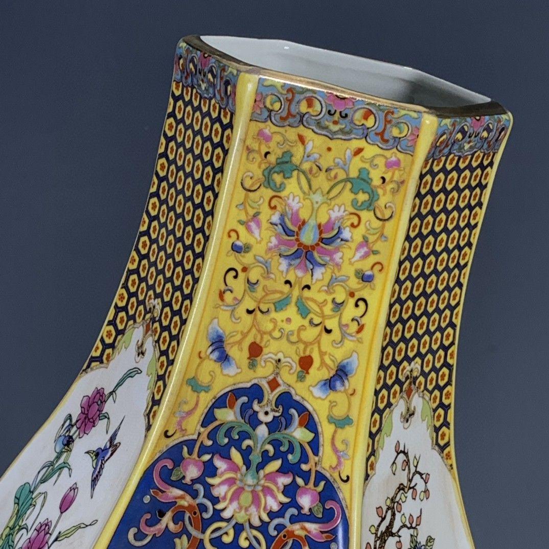 清代雍正彩蒔花鳥多稜花瓶 景徳鎮 陶磁器 装飾品 現代工芸品美術品 置物