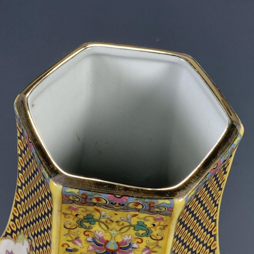 清代雍正彩蒔花鳥多稜花瓶 景徳鎮 陶磁器 装飾品 現代工芸品美術品 置物
