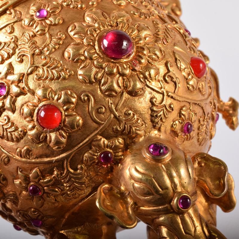 中国　古銅鍍金　双耳三つ足杯　一對　時代箱付　V　7593A