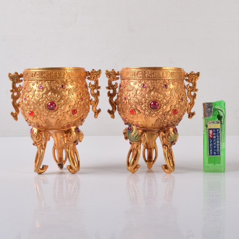 中国　古銅鍍金　双耳三つ足杯　一對　時代箱付　V　7593A