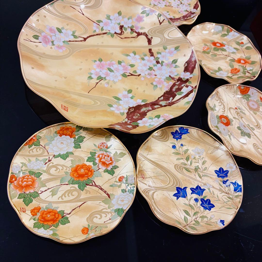 山本寛斎 ガラス製 大皿1枚小皿5枚 箸5膳 桜・牡丹・椿・桔梗・菊