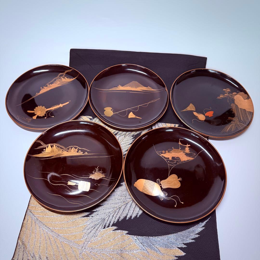 漆器輪島塗　金蒔絵金彩　沈金木製　中皿　10客　時代物