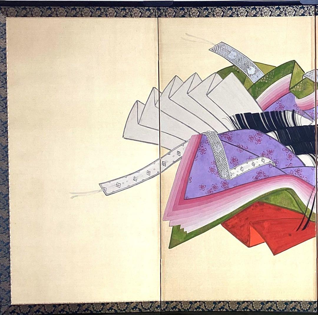 四つ折り屏風　日本画　紙本彩色　『平安十二単』