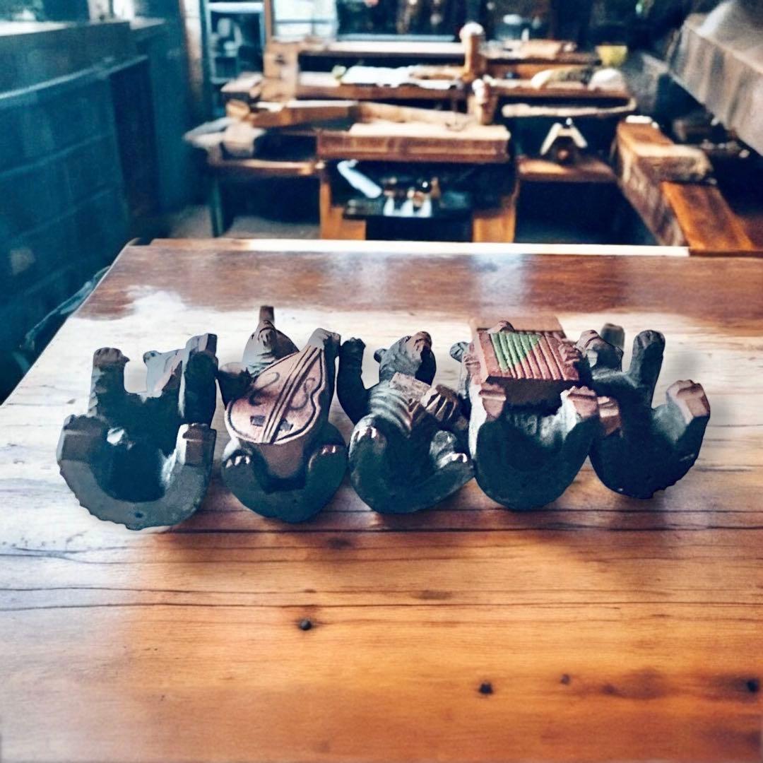 1950年代 北海道函館 毛彫り 木彫り熊楽団×5セット アイヌ 一刀彫り 民藝