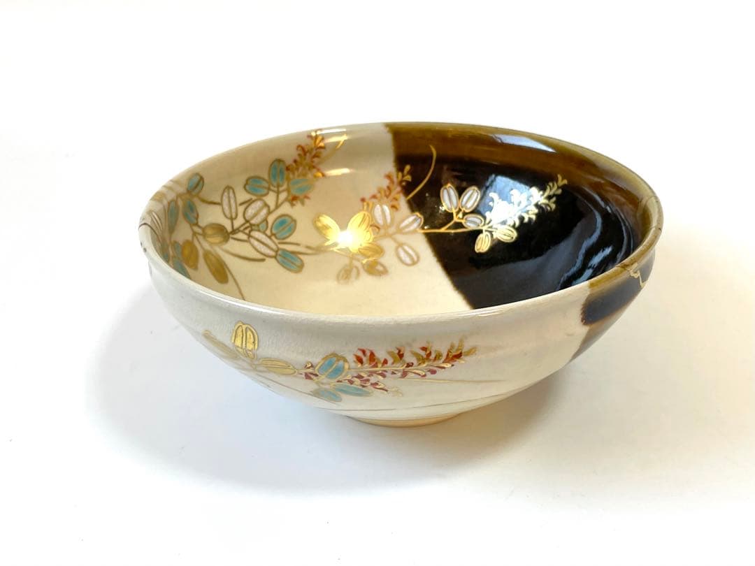 陶芸家　宮川香雲　掛分　色絵　萩文様　平茶碗　竜谷