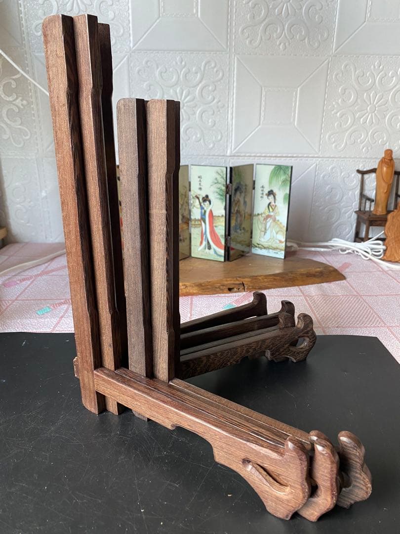 特大　プレートスタンド 皿立て 4点セット 鶏翅木 飾皿 木製