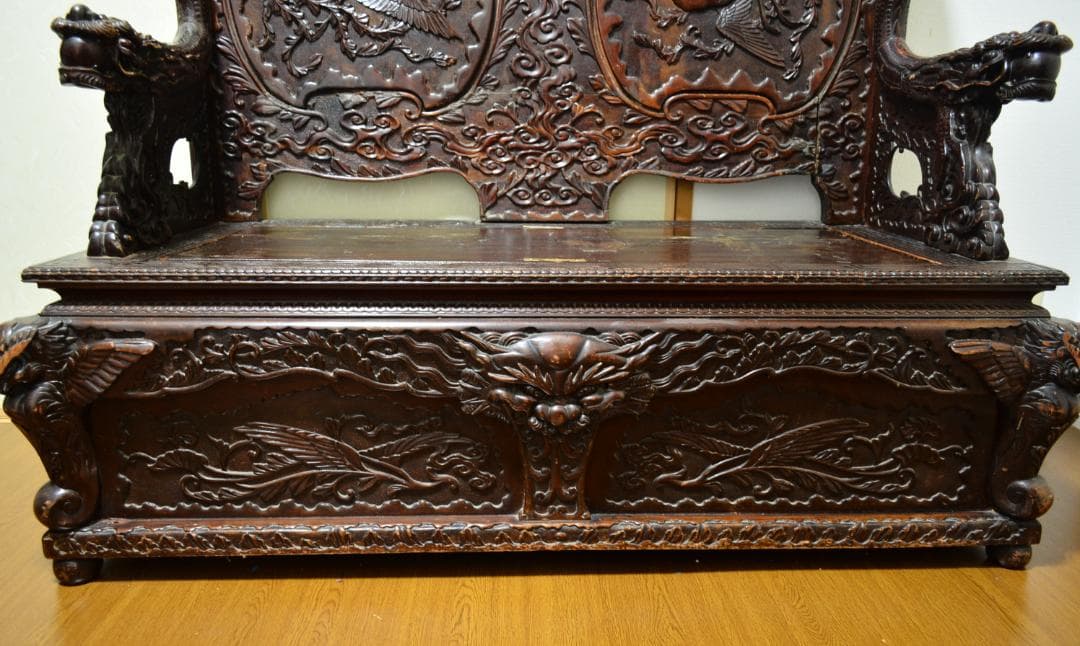 18-19世紀　希少　唐木　龍鳳凰彫刻　　長椅子　高級家具　アンティーク
