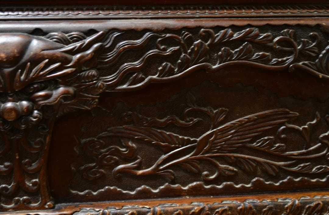 18-19世紀　希少　唐木　龍鳳凰彫刻　　長椅子　高級家具　アンティーク