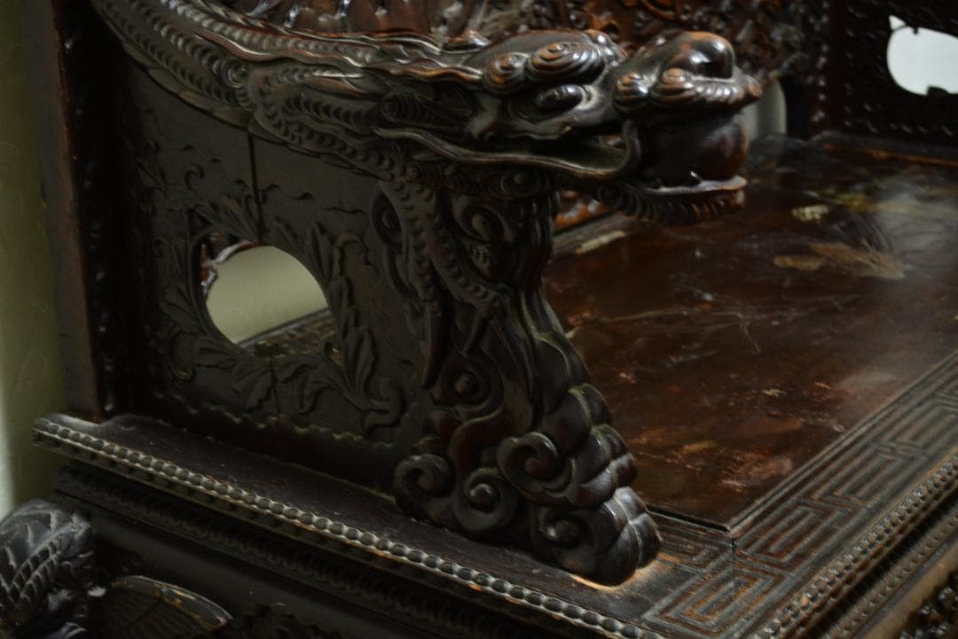 18-19世紀　希少　唐木　龍鳳凰彫刻　　長椅子　高級家具　アンティーク