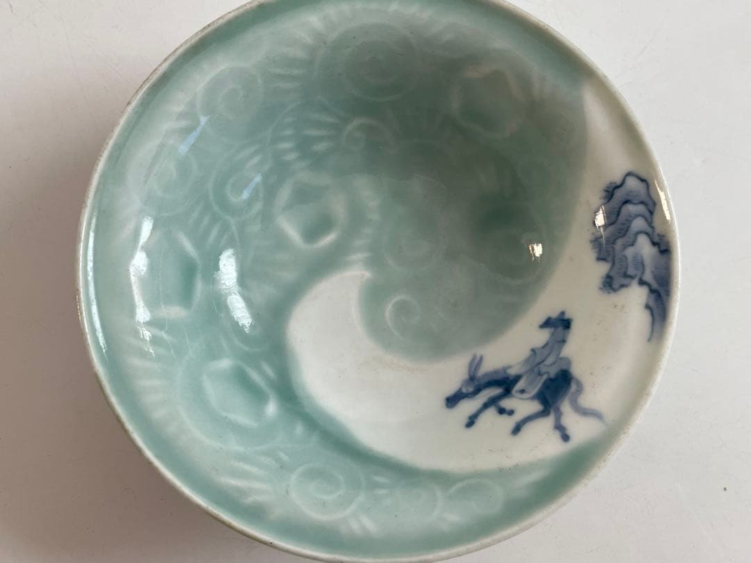 骨董　アンティーク　古伊万里　染付　青磁染付 旅人図　杜子美騎驢文　小皿　深皿