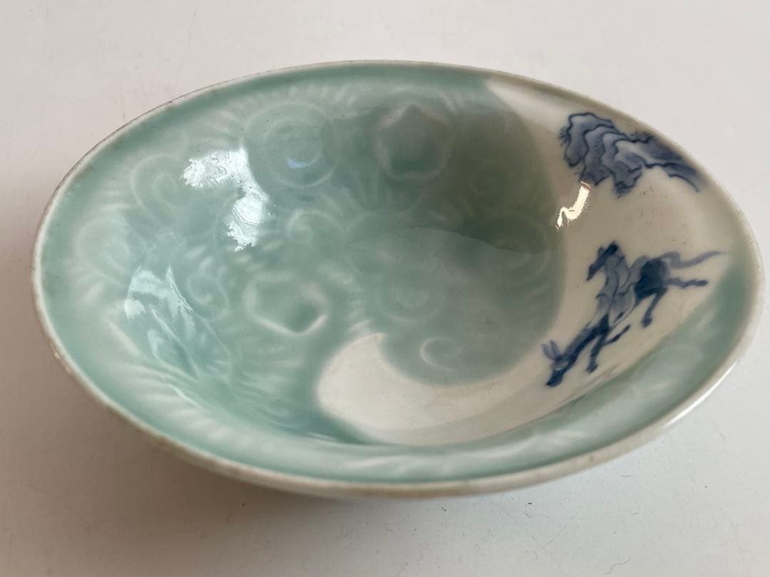 骨董　アンティーク　古伊万里　染付　青磁染付 旅人図　杜子美騎驢文　小皿　深皿