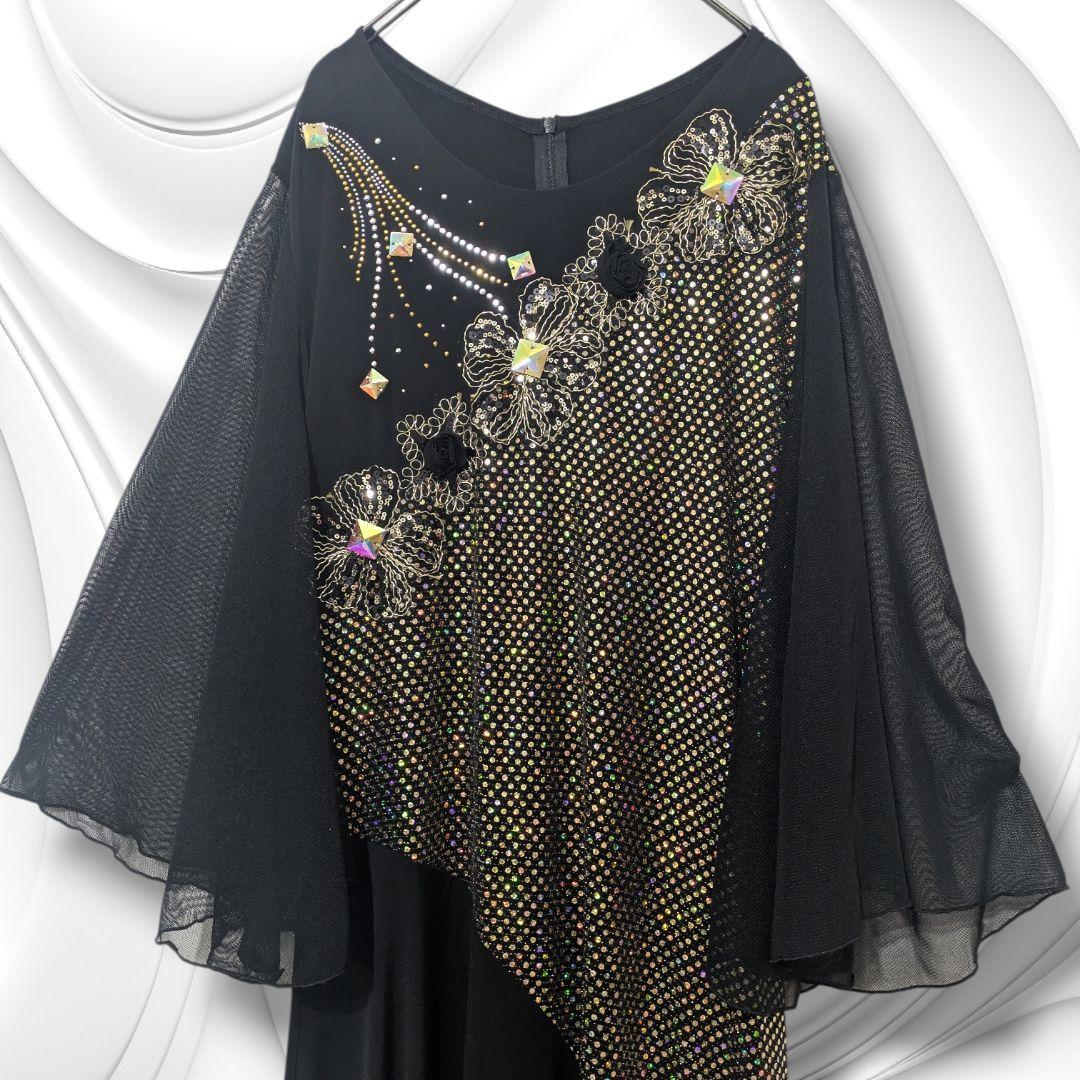 【美品】社交ダンス 衣装 ドレス ブラック ゴールド ラインストーン