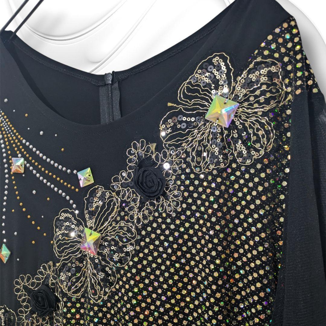 【美品】社交ダンス 衣装 ドレス ブラック ゴールド ラインストーン