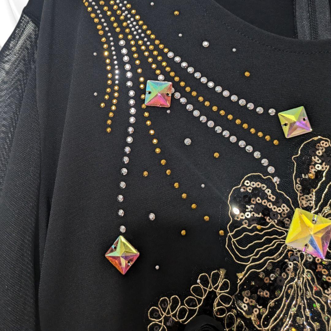 【美品】社交ダンス 衣装 ドレス ブラック ゴールド ラインストーン