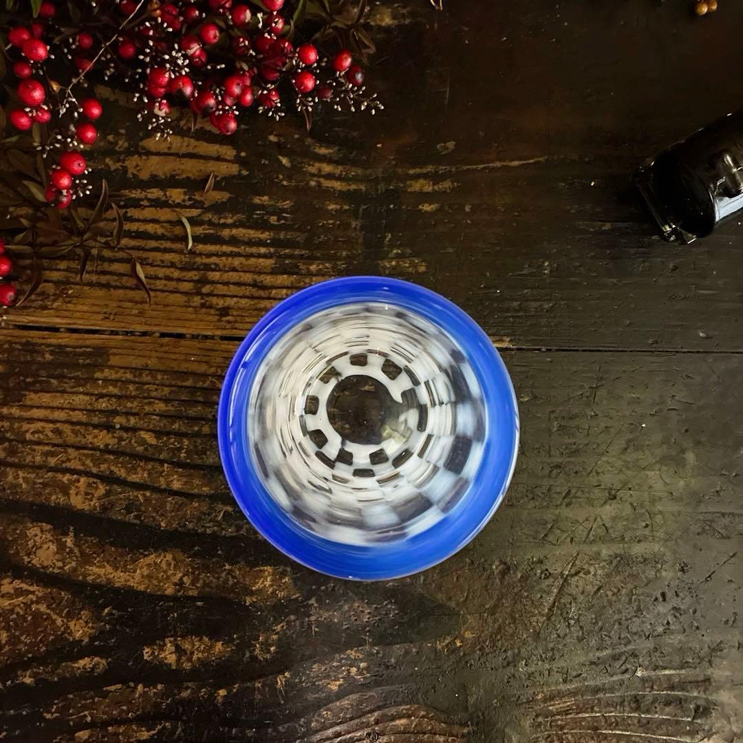 骨董　レトロ　希少　青フチ　乳白色　市松紋　ゴブレット　タンブラー パフェグラス