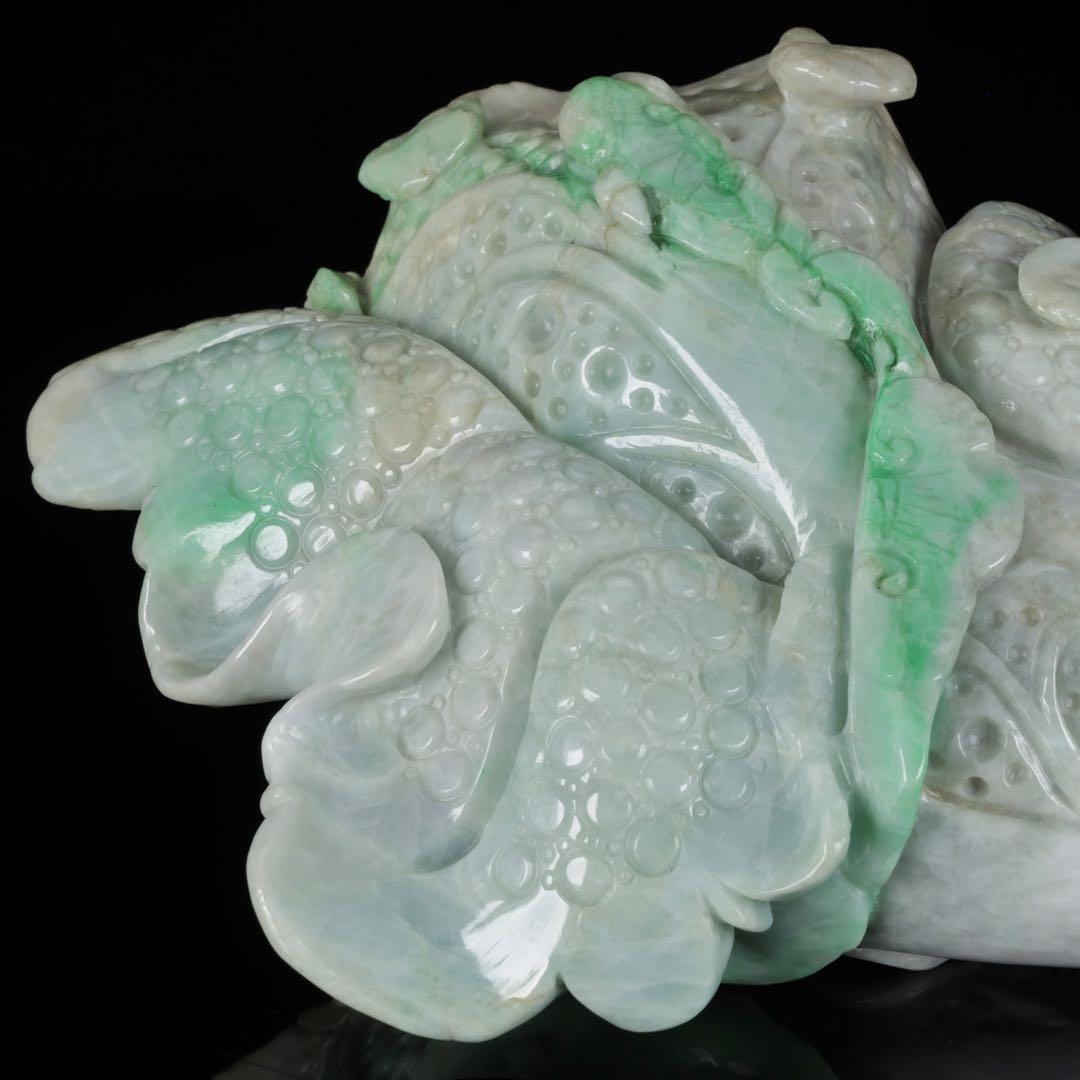 天然翡翠彫刻 青　白菜置物 2kg 細密細工 風水 財運招福 ヒスイ 翠玉美品