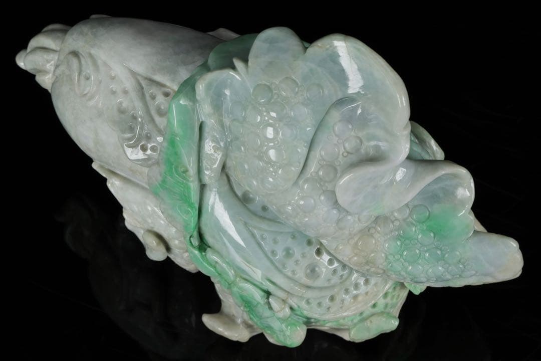 天然翡翠彫刻 青　白菜置物 2kg 細密細工 風水 財運招福 ヒスイ 翠玉美品