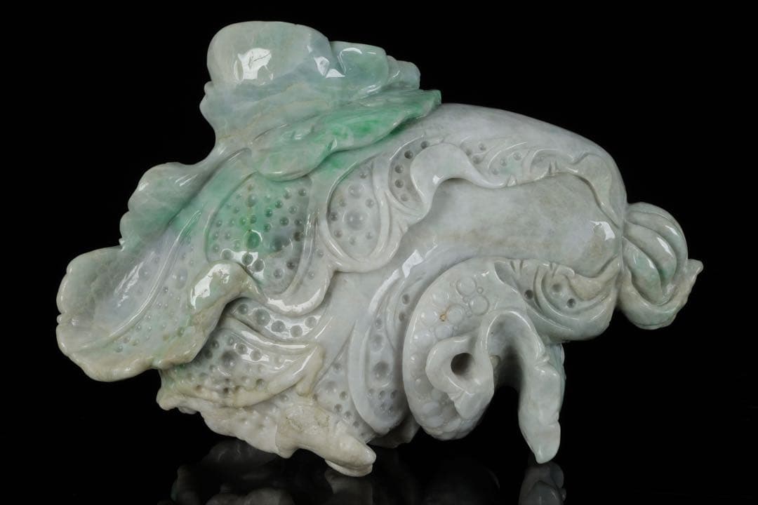 天然翡翠彫刻 青　白菜置物 2kg 細密細工 風水 財運招福 ヒスイ 翠玉美品