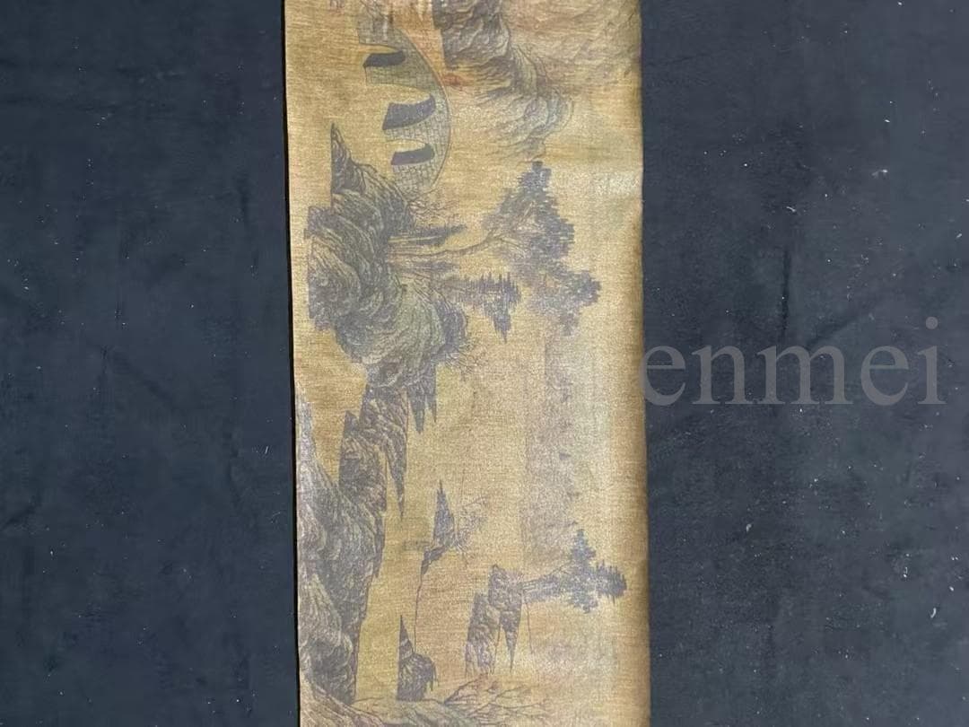 中国古美術 明 董其昌款 水墨山水図 真絲布包手巻 肉筆 掛け軸 書道 文房置物