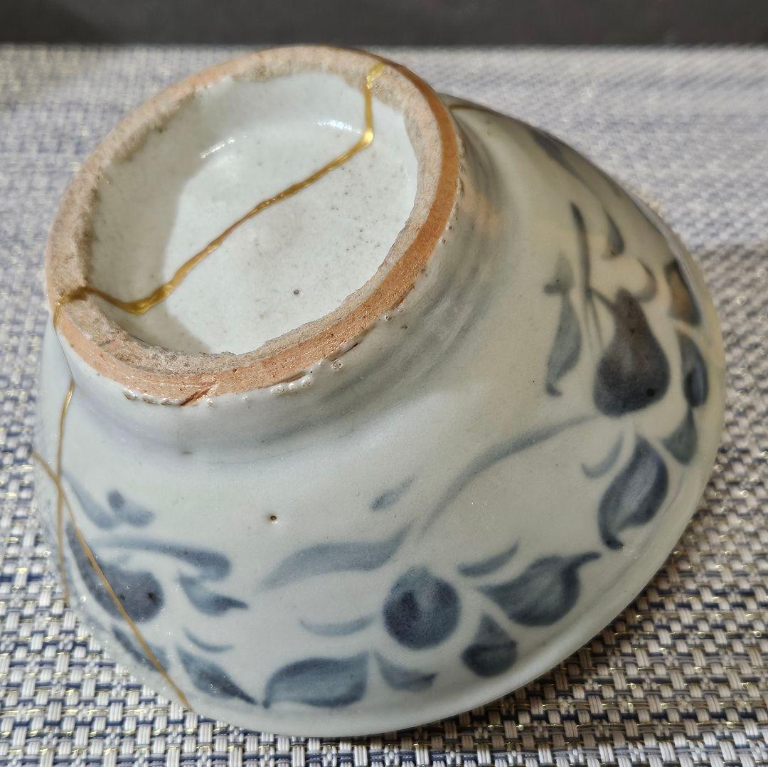 中国古陶磁器　明代 明朝　青華　古染付　 呉須　草花文様　茶碗　茶道具　茶器