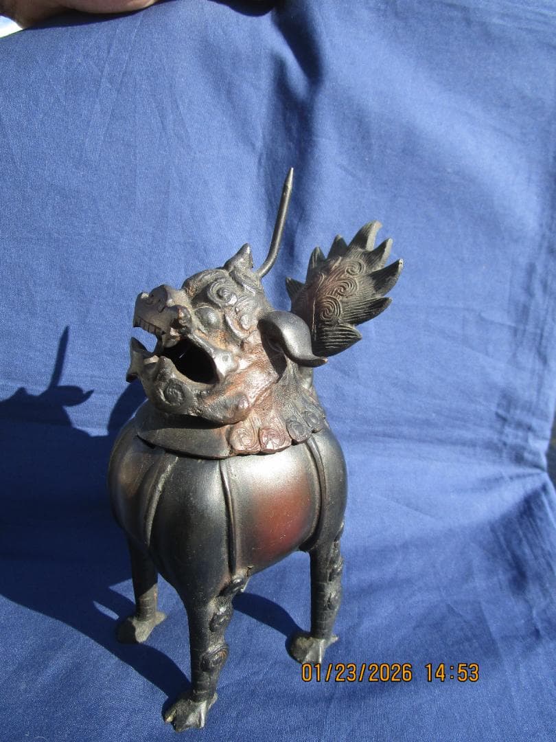 香炉　唐獅子香炉　古銅【?】　頭・取り外し可能　置物　珍型　飾り物　1体