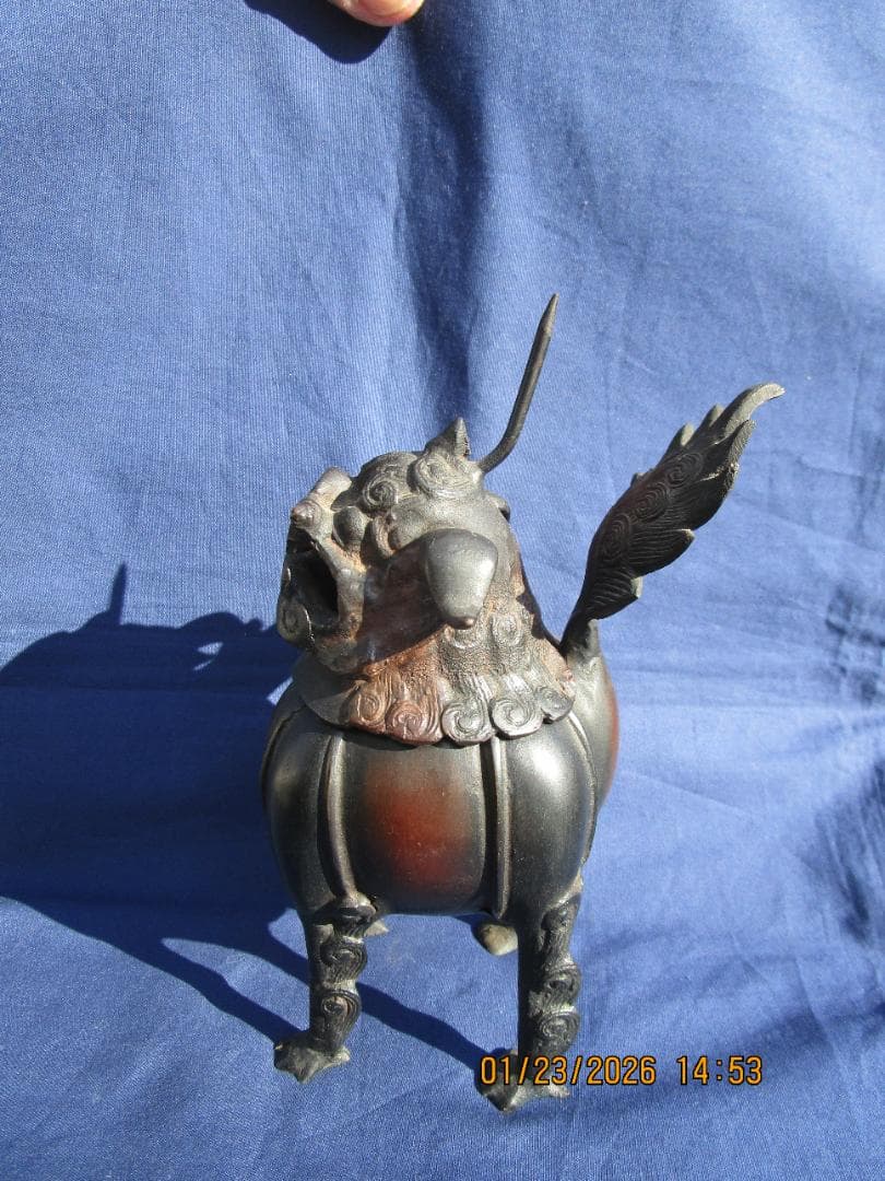 香炉　唐獅子香炉　古銅【?】　頭・取り外し可能　置物　珍型　飾り物　1体