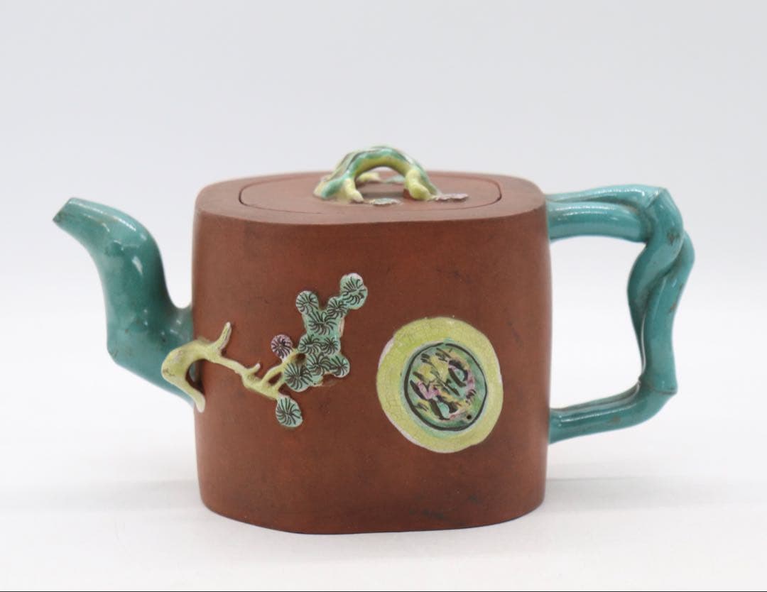 中国　清時代　蜀山名壺　紫砂加彩急須　松竹梅　　送料込み250626