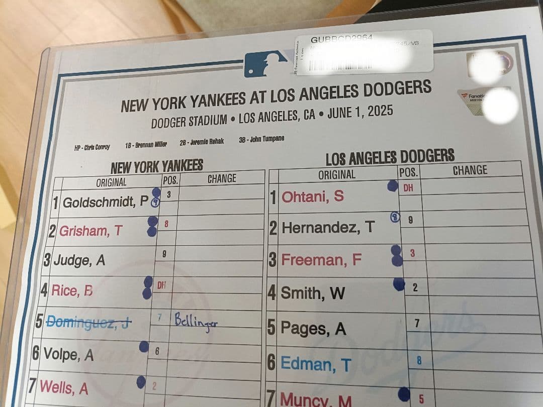 【超貴重／実使用】ヤンキース対ドジャース／ラインナップカード／大谷翔平／山本由伸