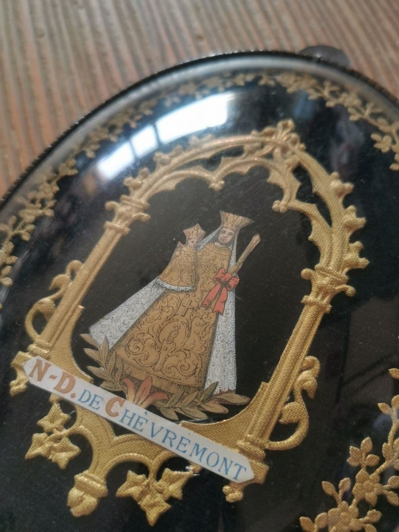 アンティークベルギー 聖母子の紙肖像イコン ボンベガラスドーム マリア イエス