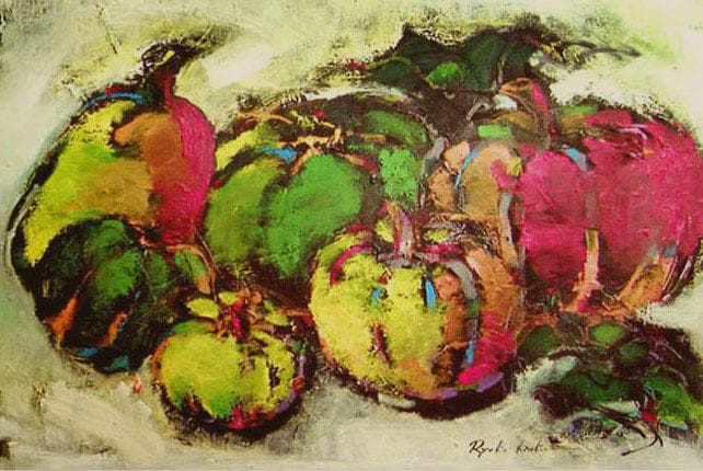 油絵 菅家令子絵 絵画インテリア額付(黒) uF6-061404 静物 かぼちゃ