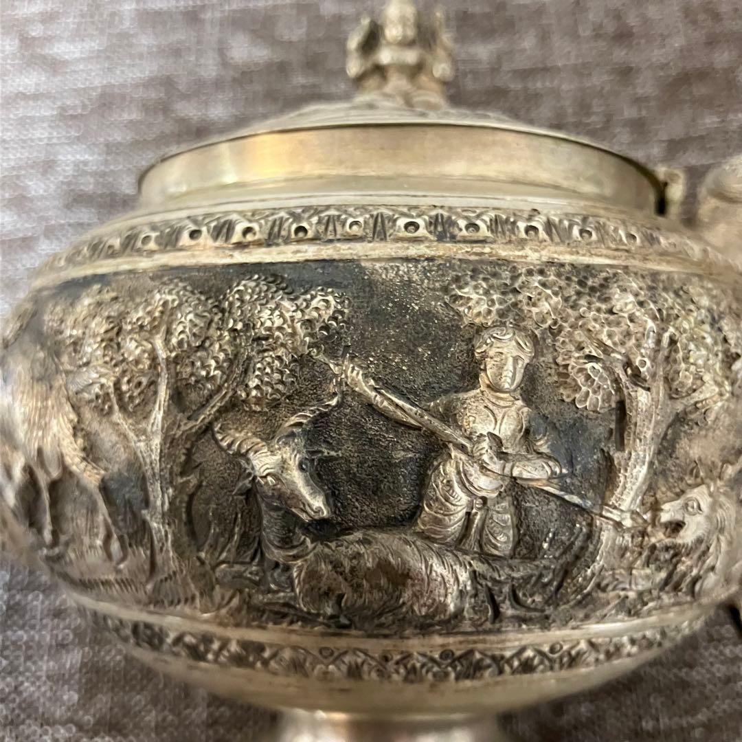 銀打出彫刻茶器　巌月庵所蔵　銀細工　骨董　奈良蔵出し　古玩　アンティーク　銀瓶