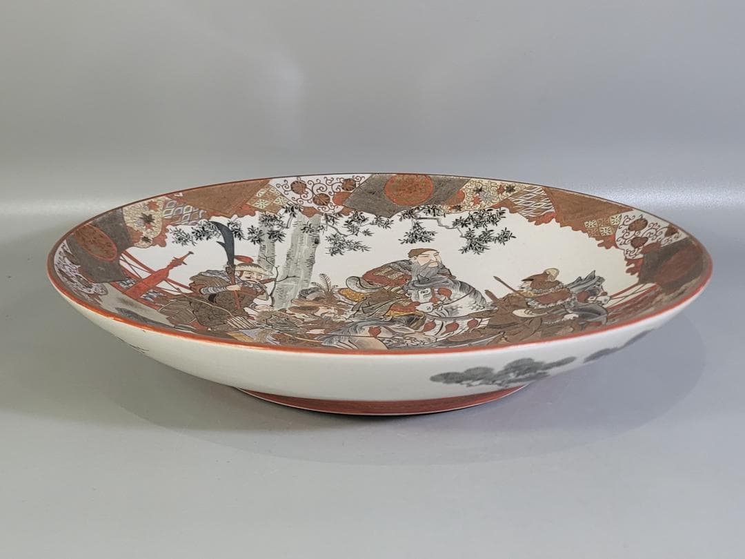 九谷 金彩赤絵 細密 武者絵 一対 幅37 cm 明治時代 DT395