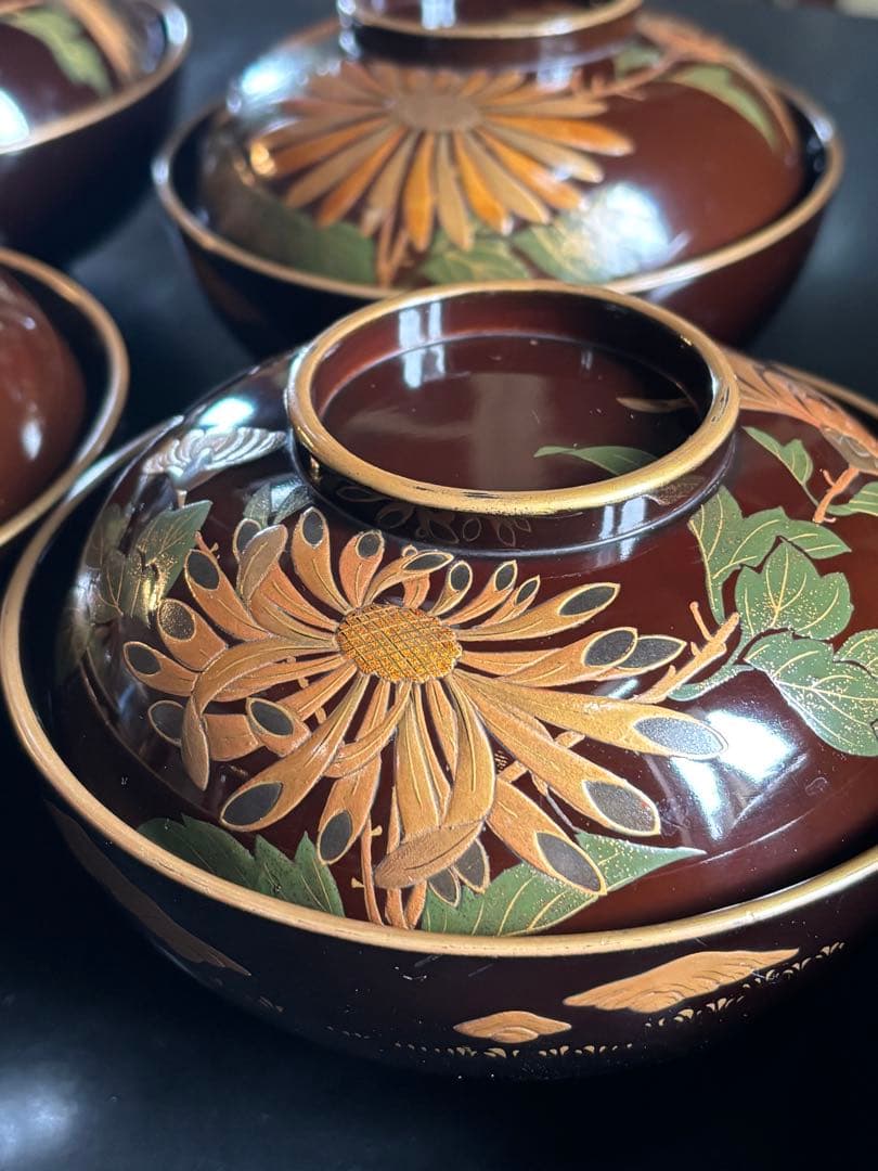 漆器椀　時代物　 京塗り7客セット 金色の菊花7種類の模様