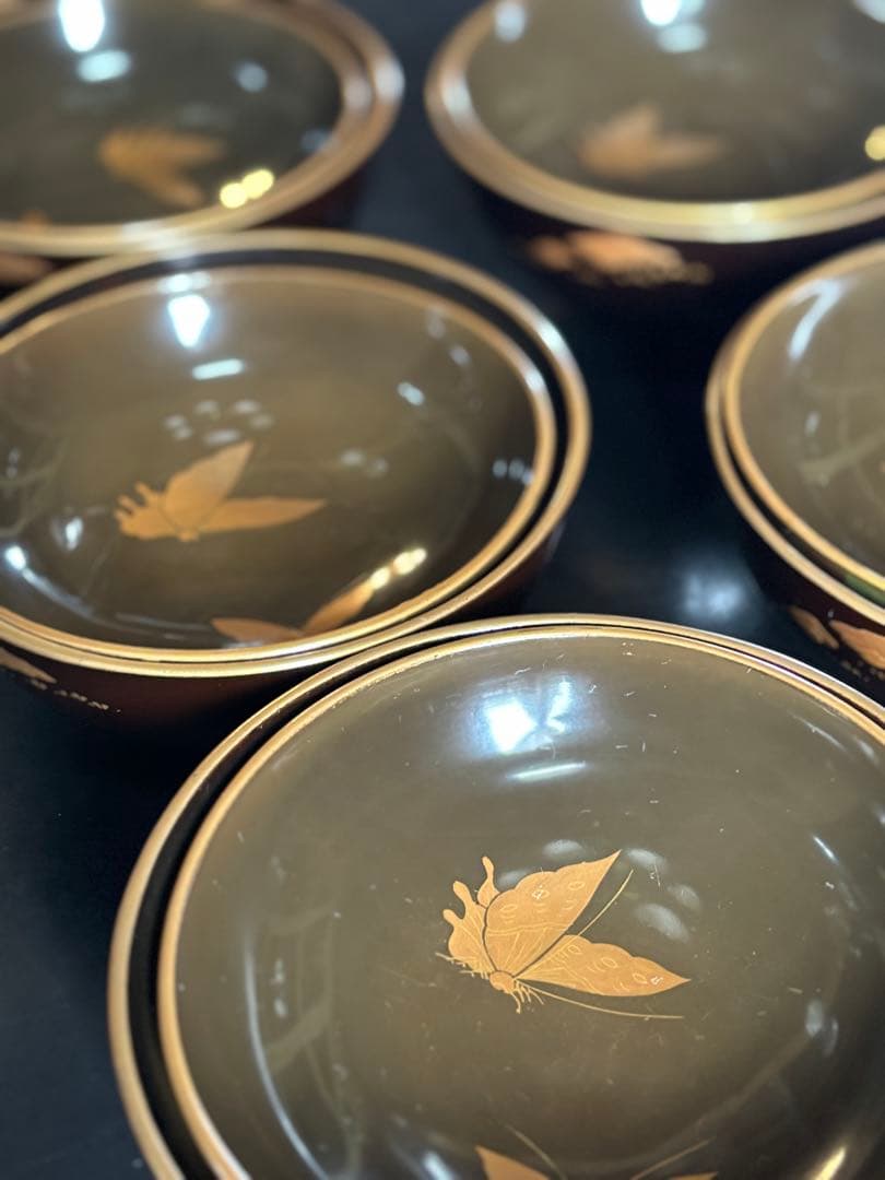 漆器椀　時代物　 京塗り7客セット 金色の菊花7種類の模様