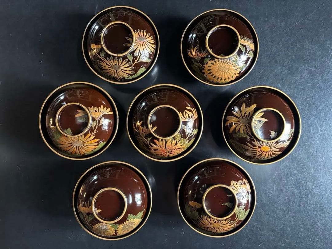 漆器椀　時代物　 京塗り7客セット 金色の菊花7種類の模様