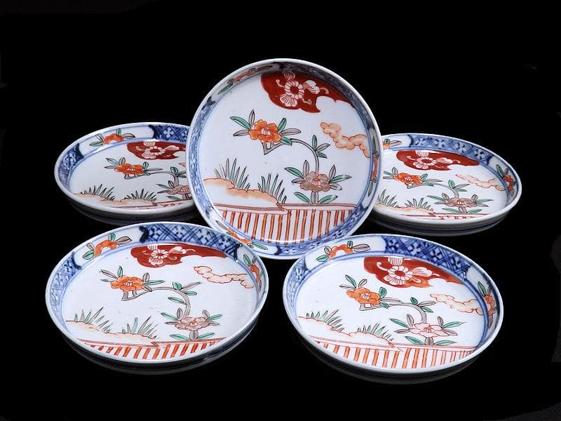 古伊万里　色絵　垣根に椿の図　4寸皿　５枚　F018AS-fbrn