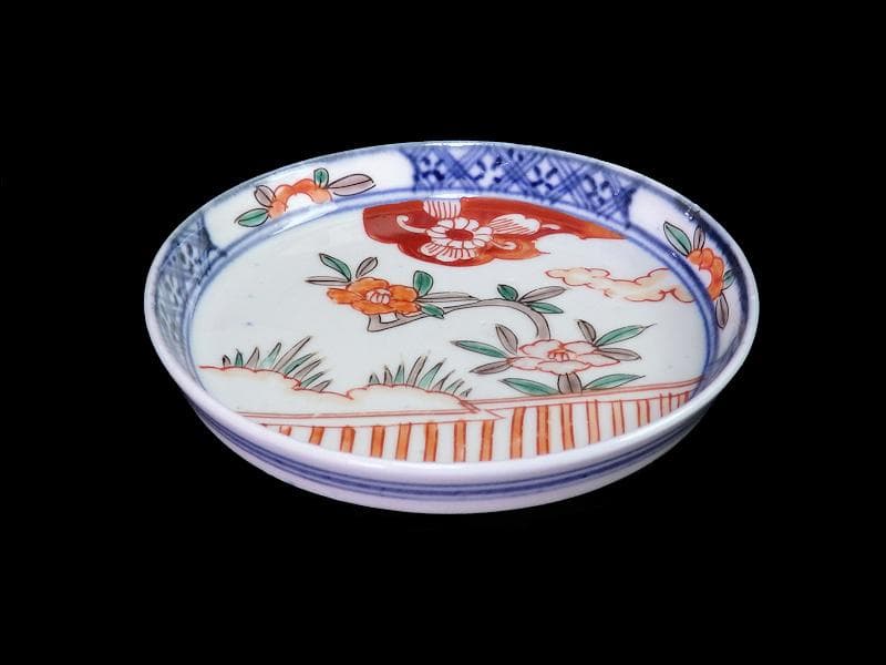 古伊万里　色絵　垣根に椿の図　4寸皿　５枚　F018AS-fbrn