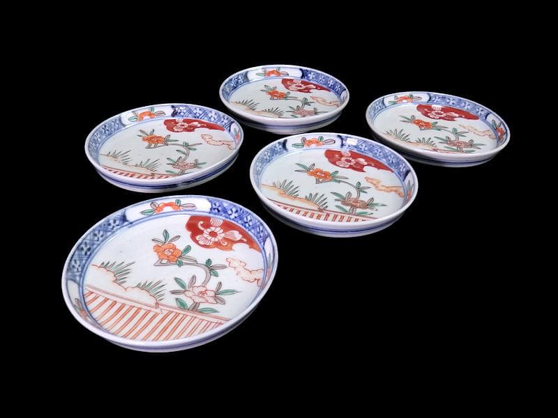 古伊万里　色絵　垣根に椿の図　4寸皿　５枚　F018AS-fbrn