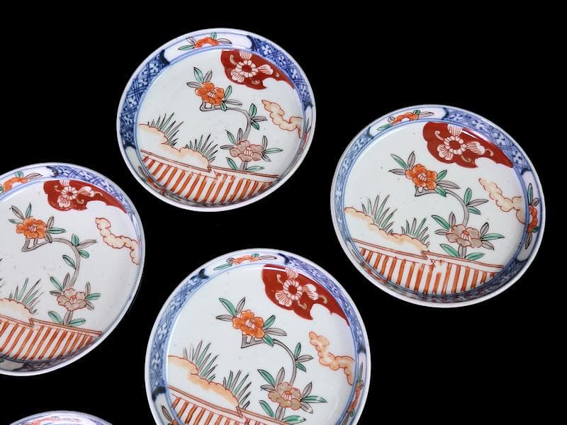 古伊万里　色絵　垣根に椿の図　4寸皿　５枚　F018AS-fbrn