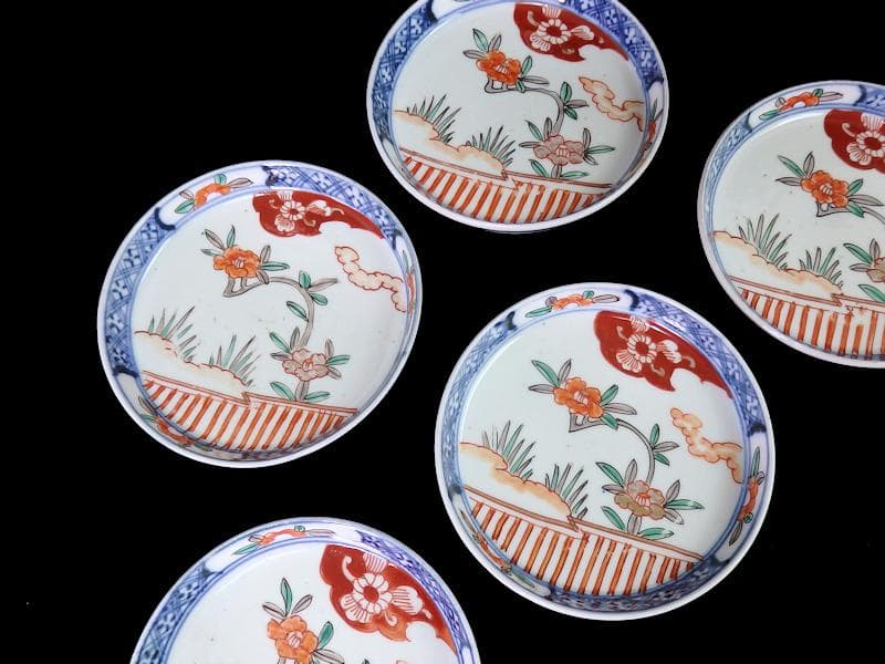 古伊万里　色絵　垣根に椿の図　4寸皿　５枚　F018AS-fbrn