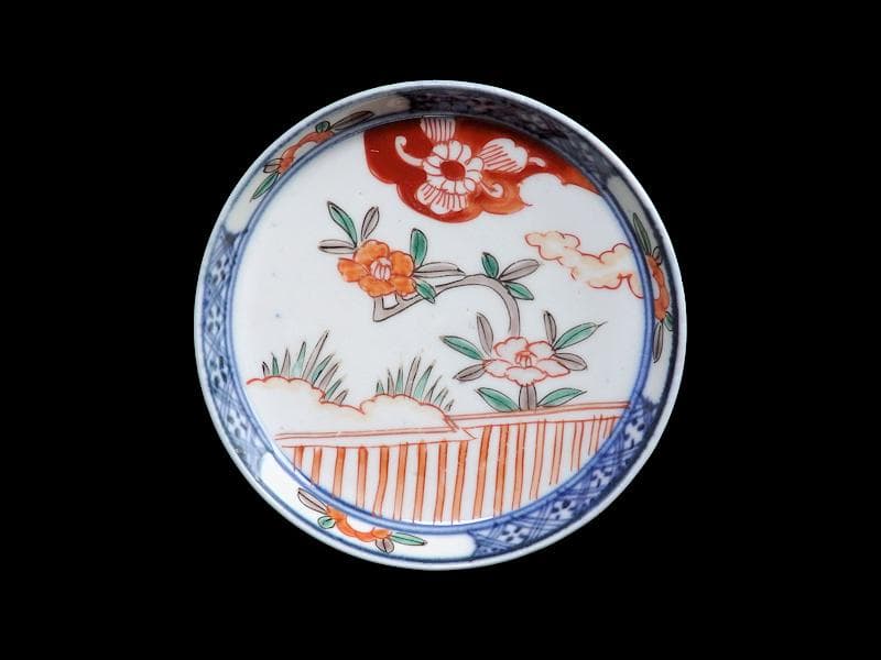 古伊万里　色絵　垣根に椿の図　4寸皿　５枚　F018AS-fbrn