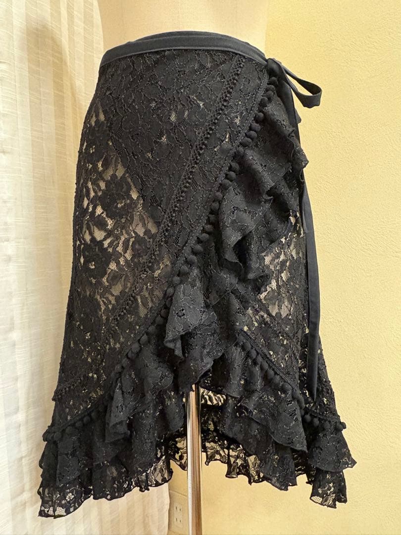 2WAY 巻きスカート　ロング　黒レース　黒ポンポン　フラメンコ　衣装