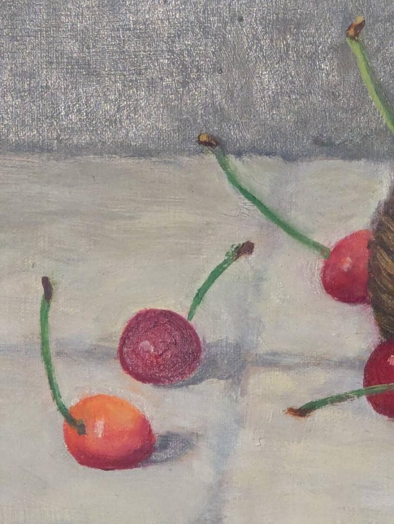 【真作】絵画　長生玲子　油彩SM　籠のさくらんぼ　優雅な筆致が映える静物　Y90