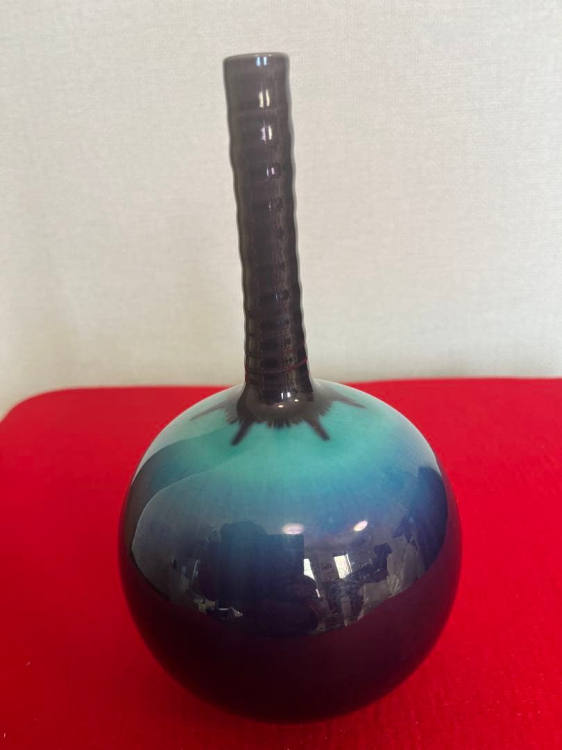 人間国宝  九谷焼  徳田八十吉（正彦銘） 彩釉 花入 T305 鶴首 花瓶