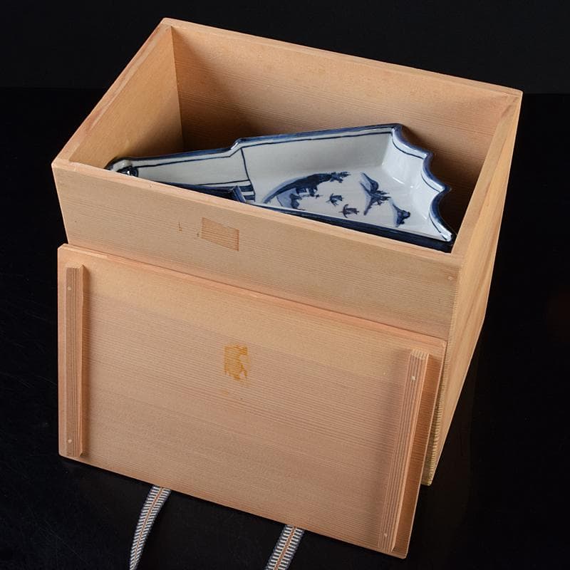 京焼　平安昭阿弥造　染付　山水文　扇面型　向付　五客　共箱　V　R9496B